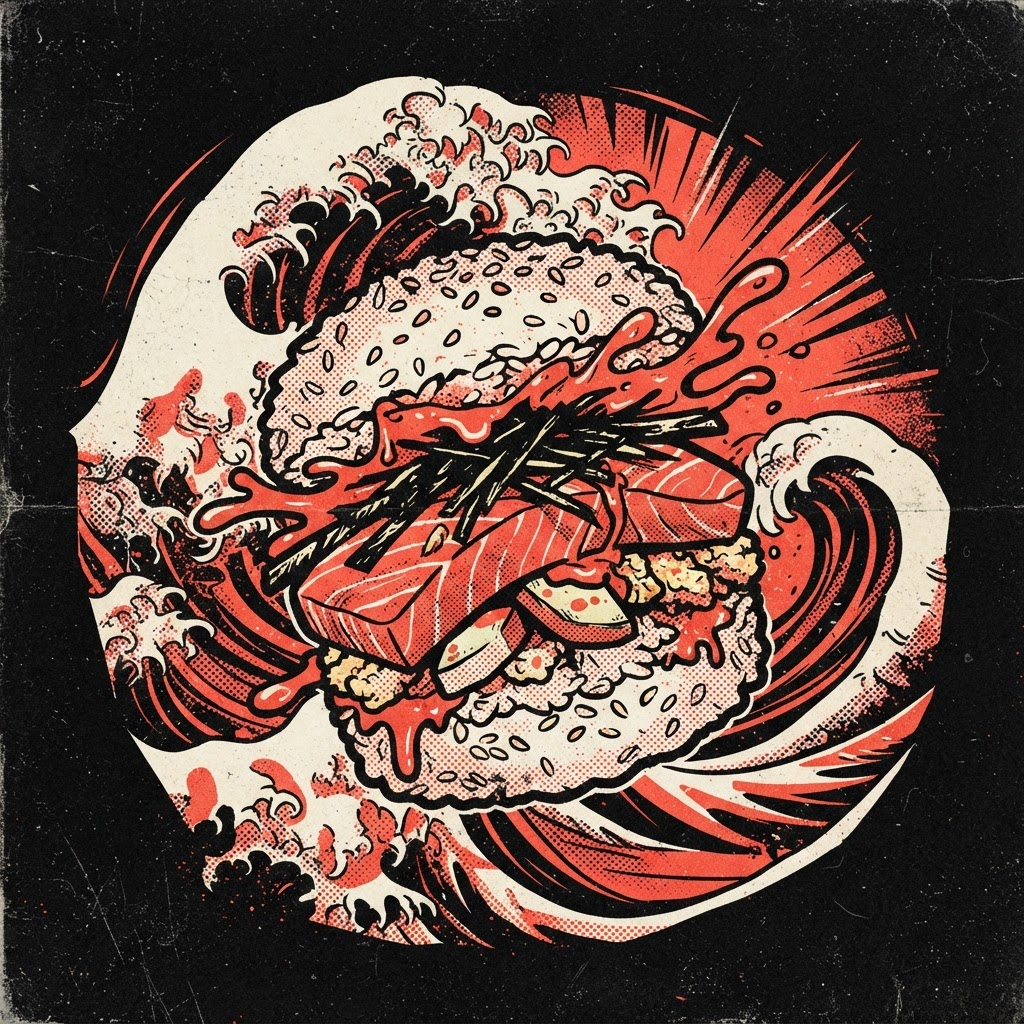 Póster retro del sushiburger Red Ocean con salsa picante
